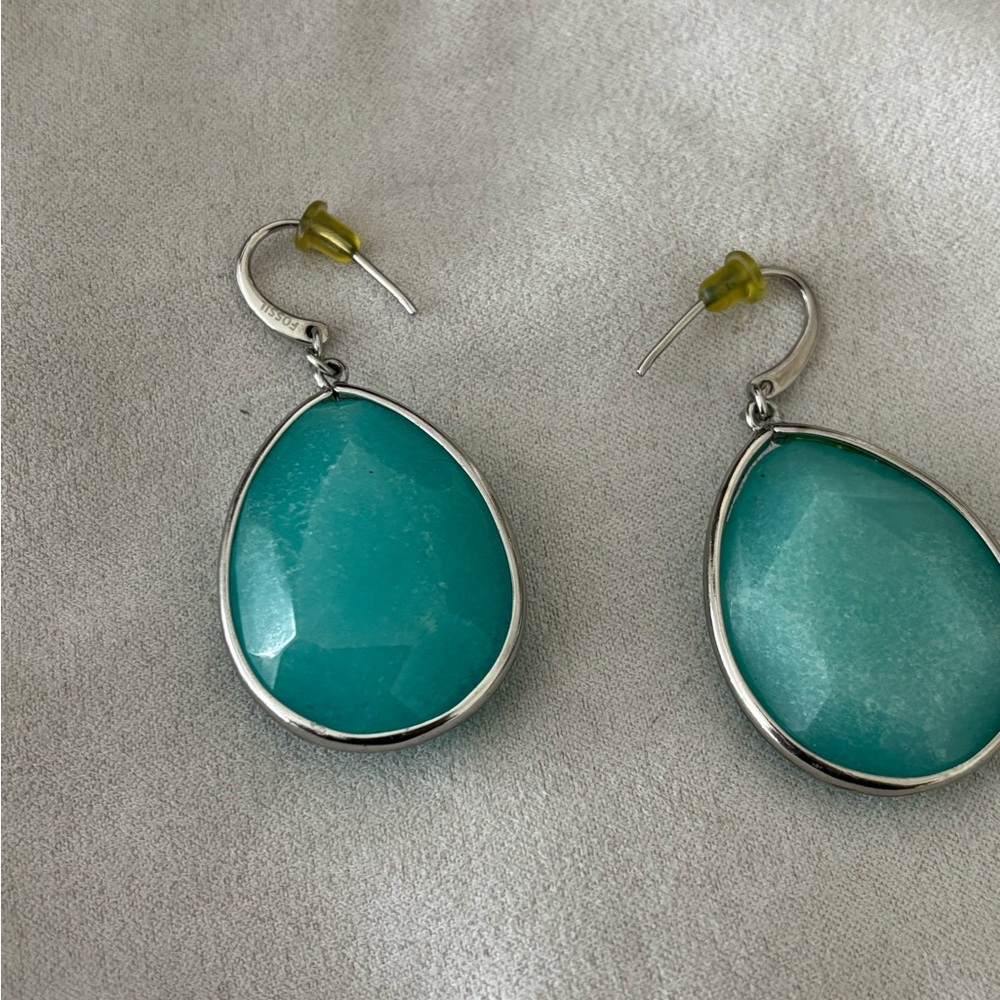 Fossil Aqua Teardrop Earrings with Silver-Toned Setting